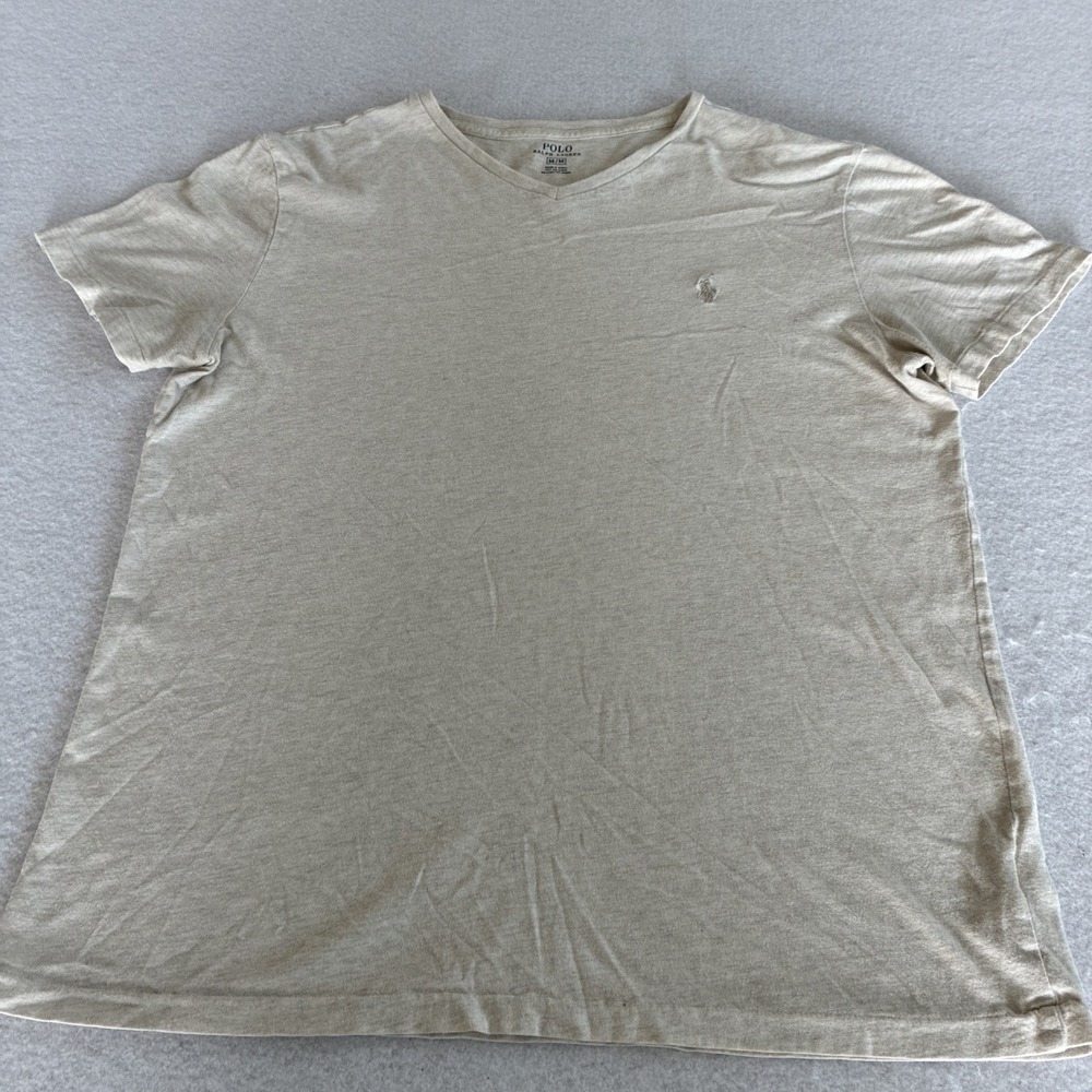 POLO Ralph Lauren Men's Cream Beige V-Neck T-Shirt Size Medium Preppy Minimalist